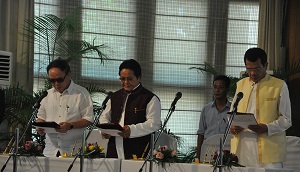 Administering the oath of newly appointed Cabinet Ministers of the State Shri Nabam Rebia, Shri Rajesh Tacho and Shri Tanga Byaling (from Left to Right) in Darbar Hall, Raj Bhavan, Itanagar on 3rd August 2016.
